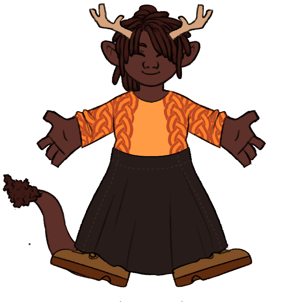 drawing of a dark-skinned black woman with dreads smiling, they have antlers and are wearing a sweater tucked into a long skirt and boots