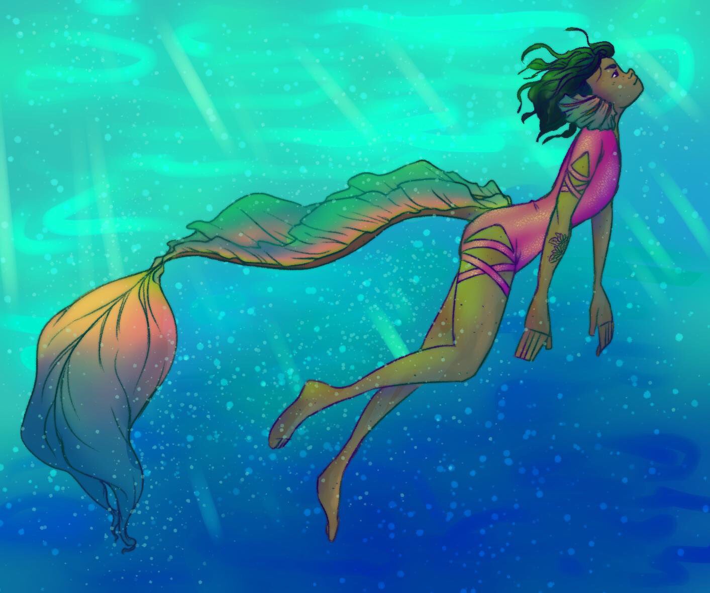 drawing of a brown-skinned person with a long finned tail and fins for ears, swimming in the ocean, wearing a purple swimsuit