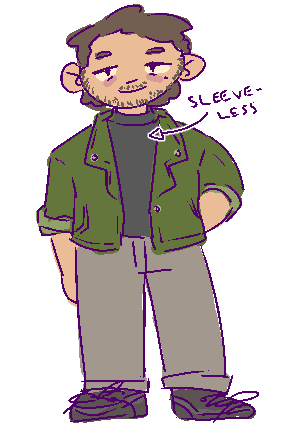 crude drawing of me, light tan-skinned guy with light facial hair, standing wearing a khaki denim jacket, black turtleneck, grey jeans, and black sneakers. arrow pointing to the turtleneck labelled 'sleeveless'